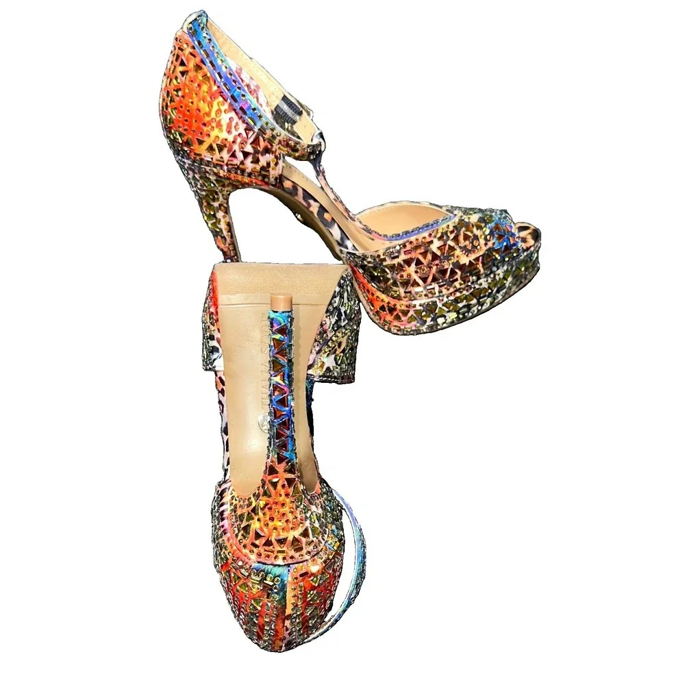 Thalia Sodi Chace Embellished T-Strap Heels Exotic Leopard Multicolor Sz 5